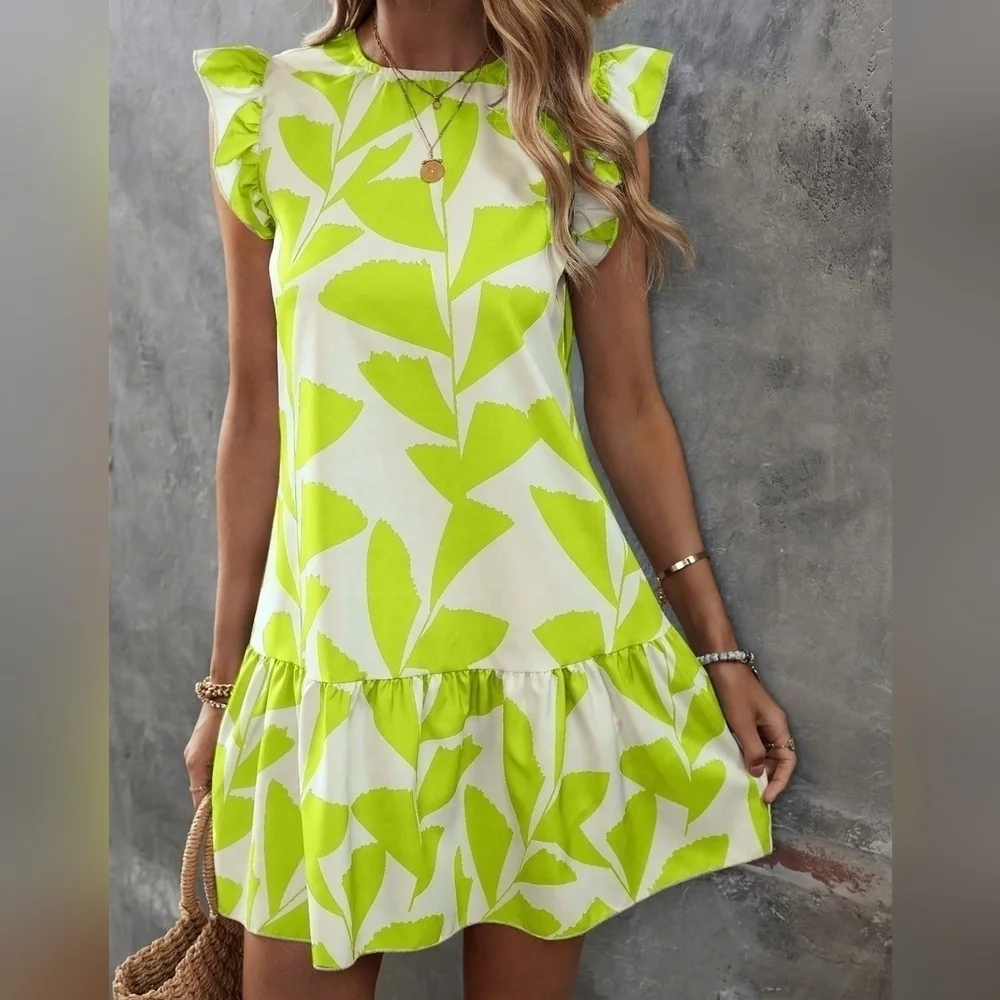 Leaf Print Ruffle Trim Smock Dress - Picture 1 of 4